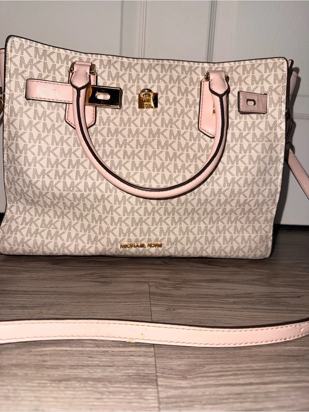 Michael Kors Cream and Pale Pink Signature Satchel
